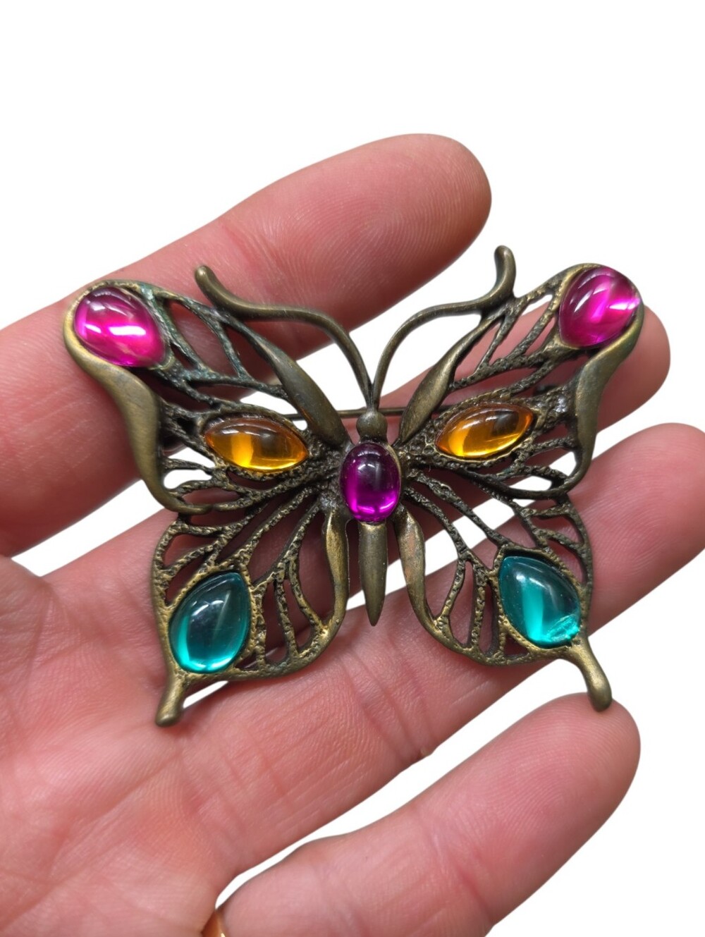 Antique Brass Butterfly Brooch with Pink, Amber & Teal Cabochons